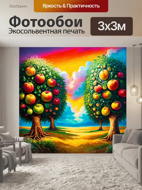 Фотообои под цветным небом зреют деревья с сочными экологическими фруктами