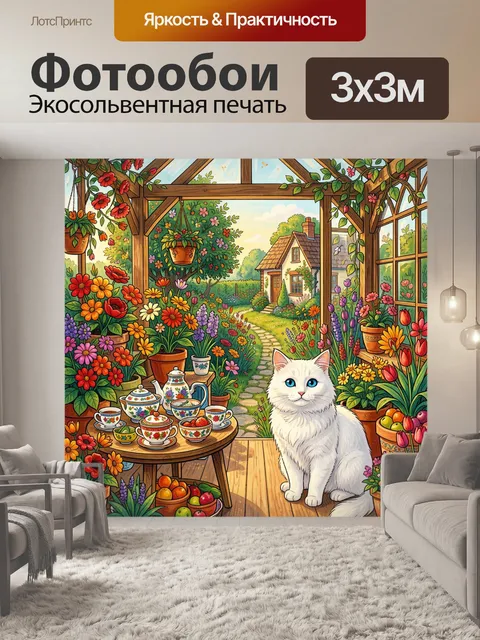 Фотообои Белый кот в цветущем саду