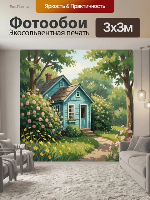 Фотообои Уютный домик в цветущем саду