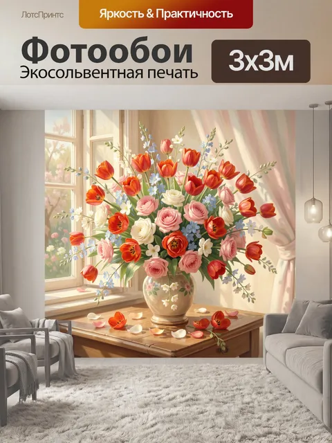 Фотообои Букет тюльпанов и роз у окна
