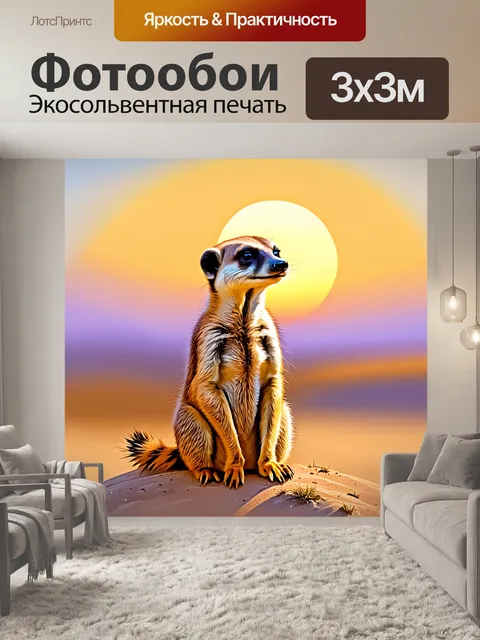 Фотообои сурикат, сидящий на песчаном холме с красивым закатом на фоне
