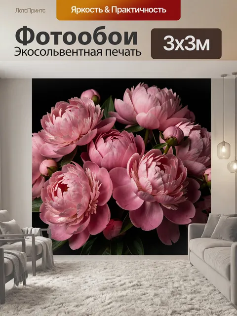 Фотообои Розовые пионы на черном фоне