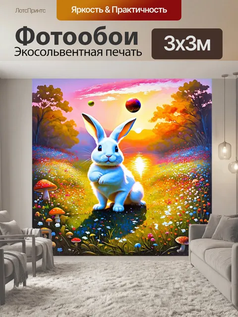 Фотообои на красочной открытой поляне, полном грибов и цветов, белый кролик играет жонглёром с яркими шарами