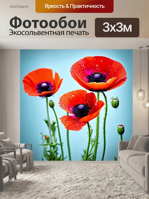 Фотообои Яркие красные цветы маков с каплями воды на поверхности, на фоне нежного голубого цвета