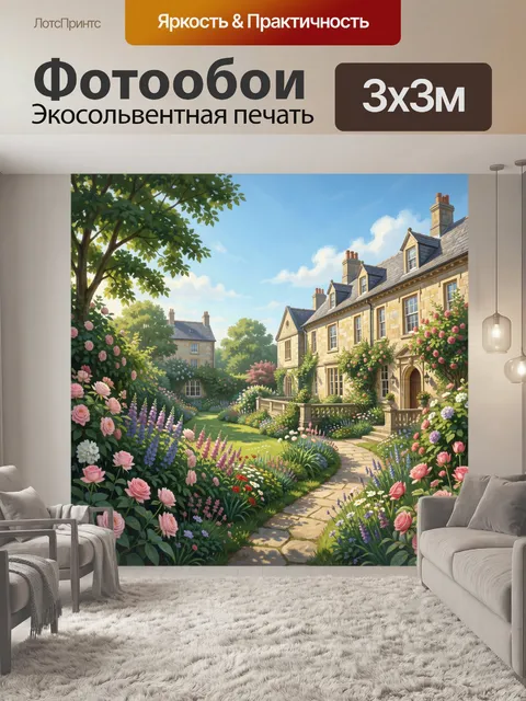 Фотообои Цветущий дворик с лужайкой