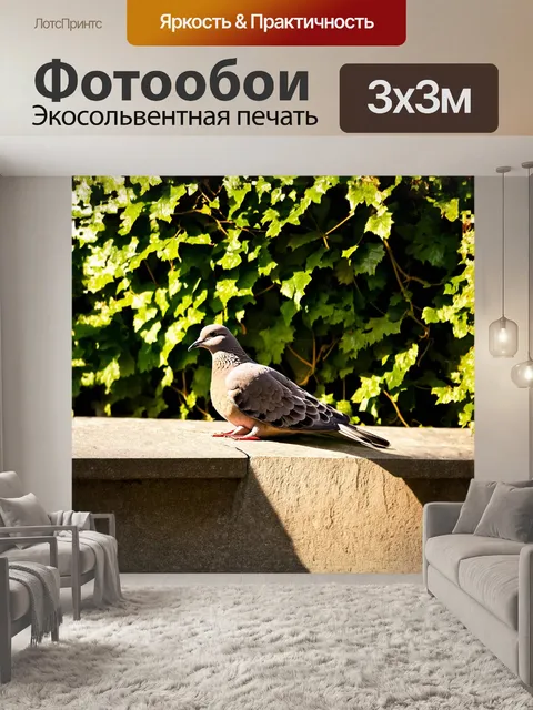 Фотообои птица, великолепная голубка, спокойно отдыхает на старинной каменной стене, окруженной зелеными лианами