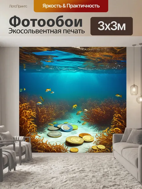 Фотообои подводный мир, где евро монеты лежат на дне озера среди водорослей и мелкой рыбы, создавая уникальный…