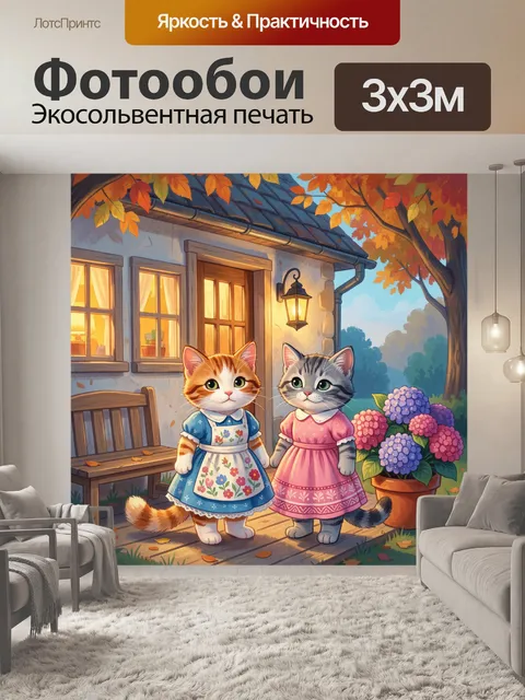 Фотообои Два котенка у дома осенью