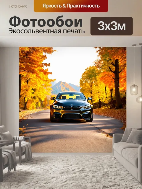Фотообои чёрный bmw m3 расположен на живописной горной дороге, окружённой зелеными деревьями и яркими осенними листьями