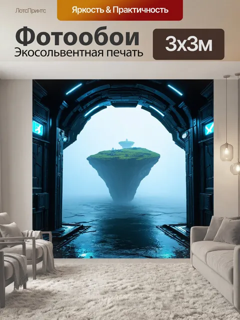 Фотообои туман в стиле футуризм, парящие острова в тумане, окруженные яркими портальными вратами, создающими другой мир