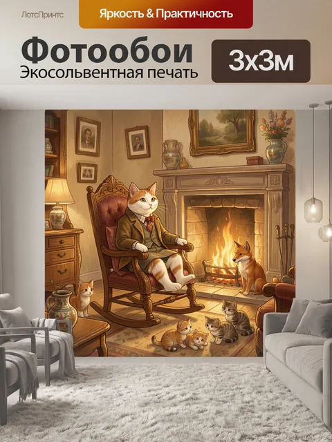 Фотообои Кошачья семья у камина