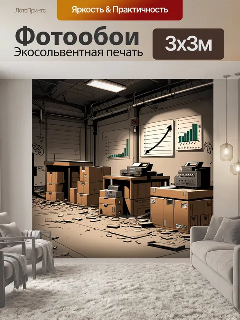 Фотообои изображение заброшенного склада с ветхими коробками и ненужной офисной техникой