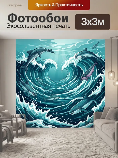 Фотообои Дельфины и стая рыб в волнах