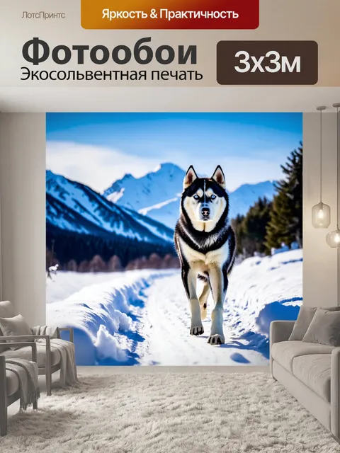 Фотообои хаски на фоне снежных вершин, уверенно шагающий по зимнему пейзажу, тропа на снегу