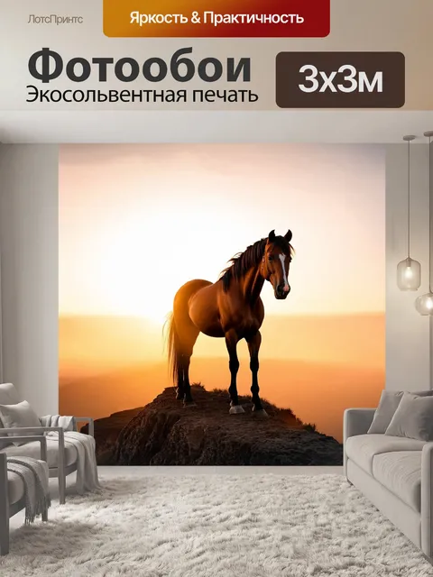 Фотообои лошадь, стоящая на высоком утесе с лучами заката