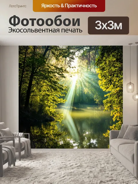 Фотообои озеро в лесу: свет пробивается через листву, создавая магическую атмосферу