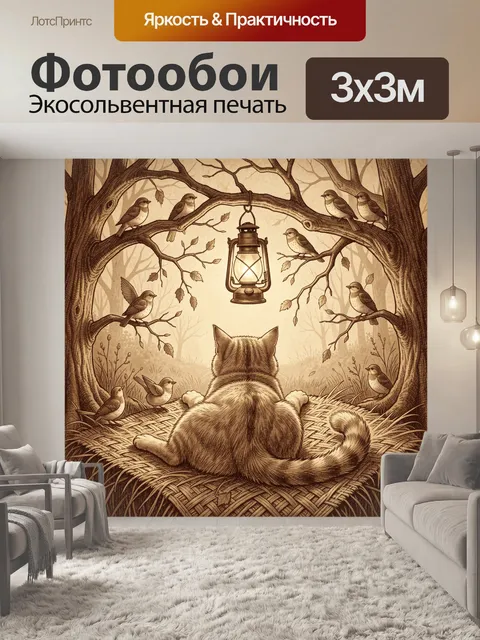 Фотообои Кот среди птиц и фонаря