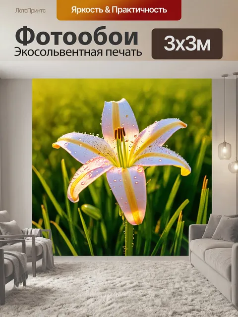Фотообои лилия, окружённая каплями росы, сверкающими на утреннем солнце, на фоне зелёного травяного поля