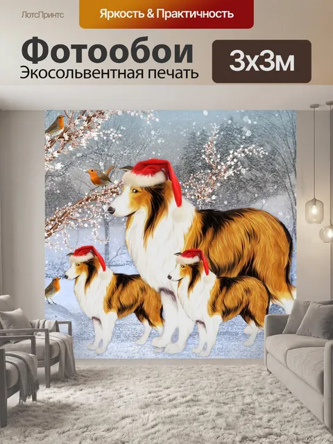 Фотообои Зима колли и щенок