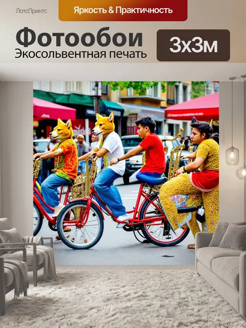 Фотообои животные на велосипеде, создающие уличные представления с инструментами, создавая атмосферу веселья и культуре