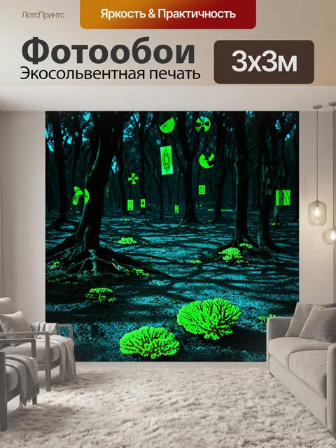 Фотообои темный лес, в котором деревья покрыты странными символами радиации, а земля усеяна отжившими кораллами и…
