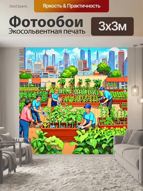 Фотообои город в стиле мультяшный с людьми, работающими в своих садах и ухаживающими за растениями