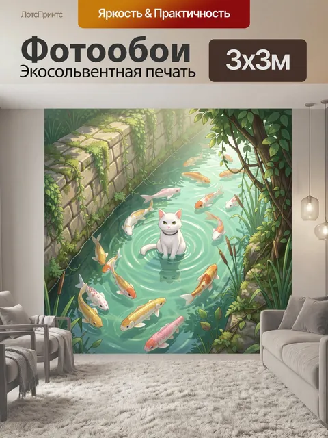 Фотообои Белый кот среди рыб в ручье
