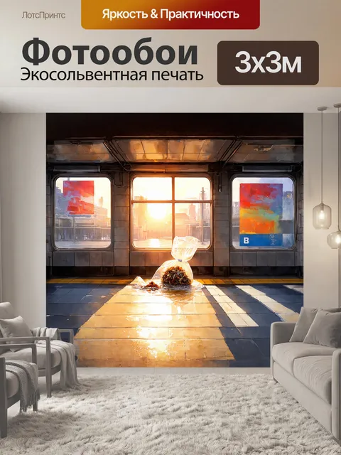 Фотообои восход солнца проникает через большие окна подземной станции метро, создавая уникальную игру света