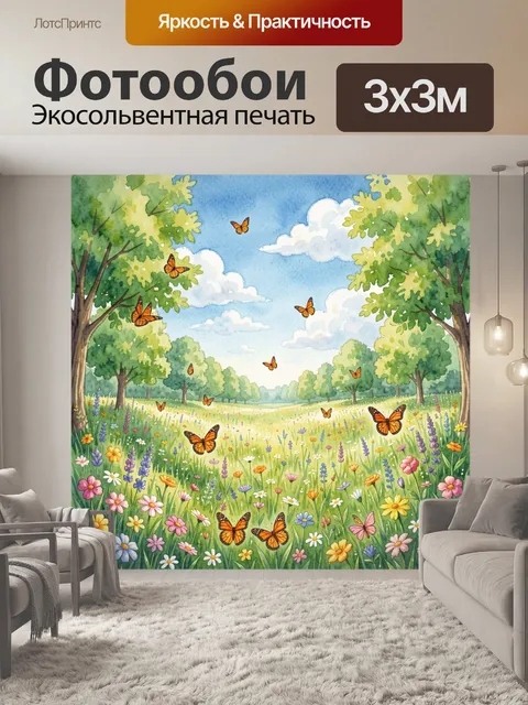 Фотообои Бабочки над цветущим лугом