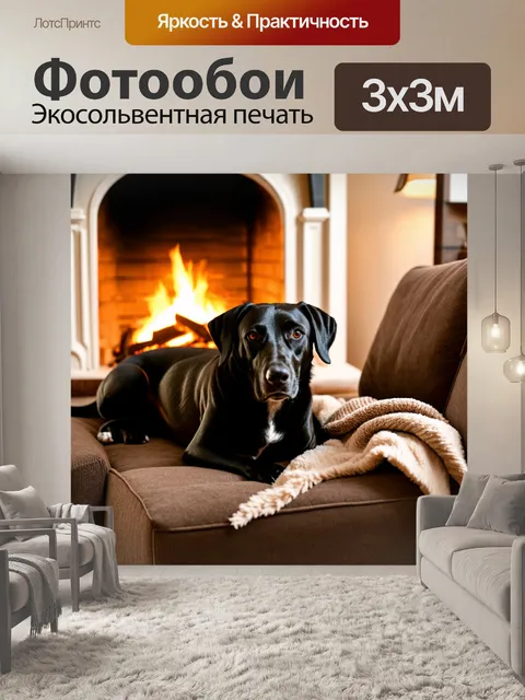 Фотообои собака, лежащая на диване в уютной комнате, с пледом на фоне камина, теплый свет, заботливый взгляд, чёрная…