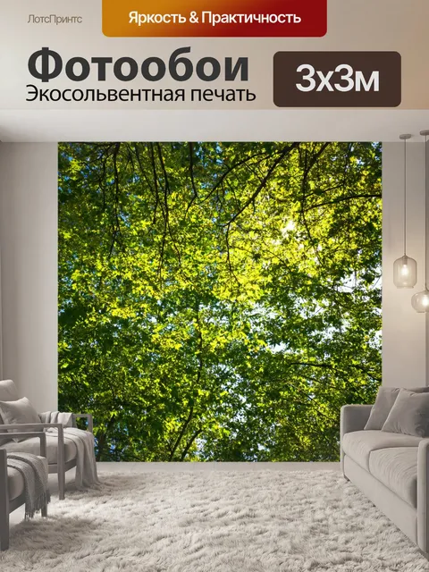 Фотообои природа в стиле флэт, где солнечные лучи пробиваются сквозь листву деревьев