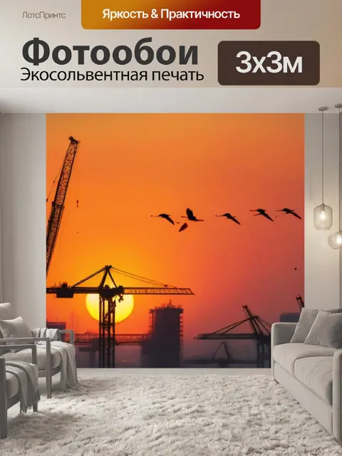 Фотообои рассвет с парящими журавлями на фоне