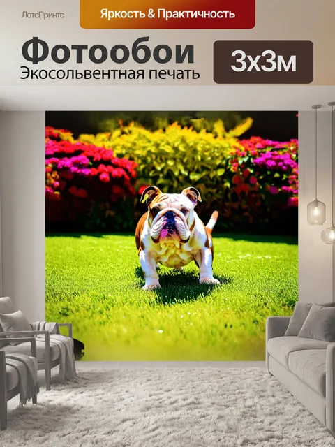 Фотообои бульдог, играющий на зелёной траве в солнечный день, на фоне цветущих растений