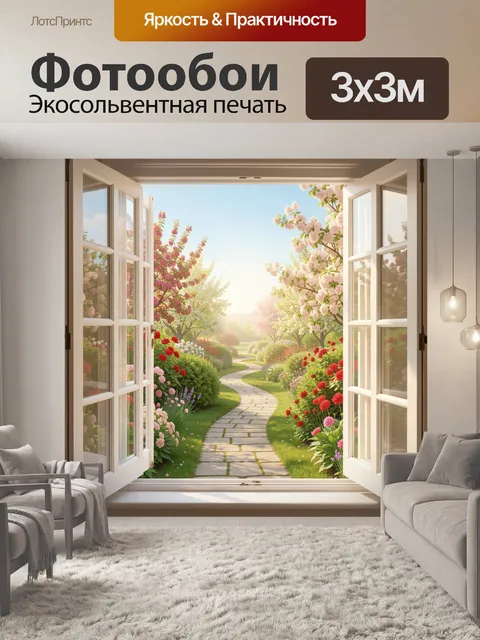 Фотообои Цветущий сад за открытыми окнами