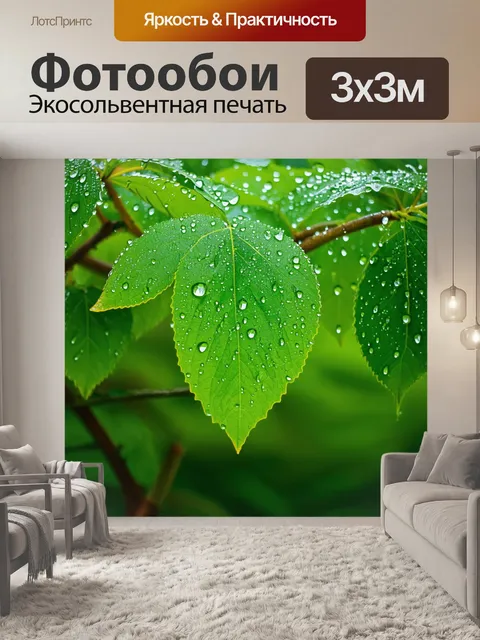 Фотообои приятный летний дождь освежает зелёные листья деревьев, с каплями воды, блестящими на солнце