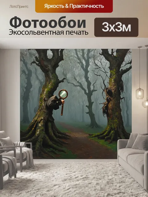 Фотообои в таинственном лесу, где утренний туман окутывает древние деревья, шерлок холмс с увеличительным стеклом…