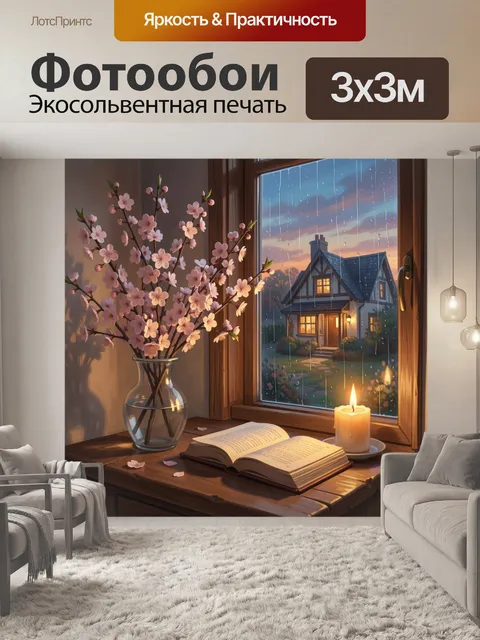 Фотообои Цветущая ветка у окна вечером