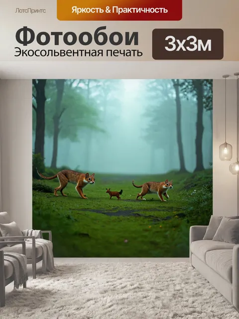 Фотообои туман в стиле комикс, где маленькие животные убегают от хищников через туман