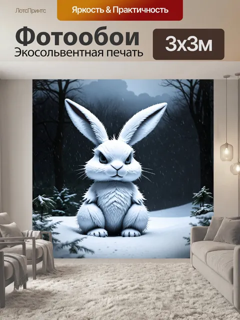 Фотообои на заснеженной поляне, злобный кролик неожиданно появляется из-за замысловатой снежной скульптуры