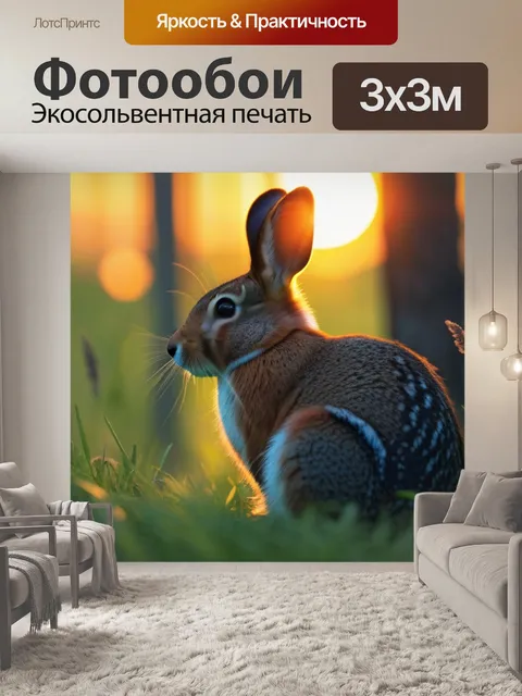Фотообои заяц, сидящий на траве под закатом в лесу