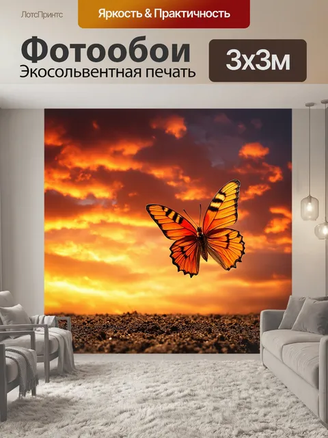 Фотообои бабочка на фоне волнующего огненного неба во время заката