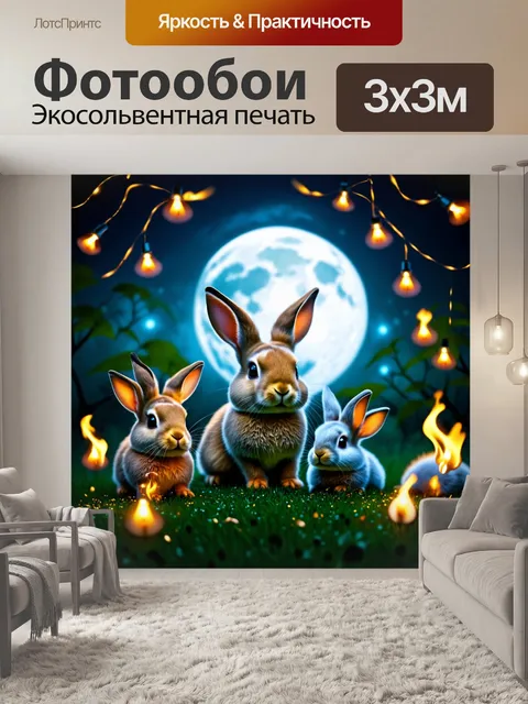 Фотообои зайцы в лунном свете, окруженные светлячками