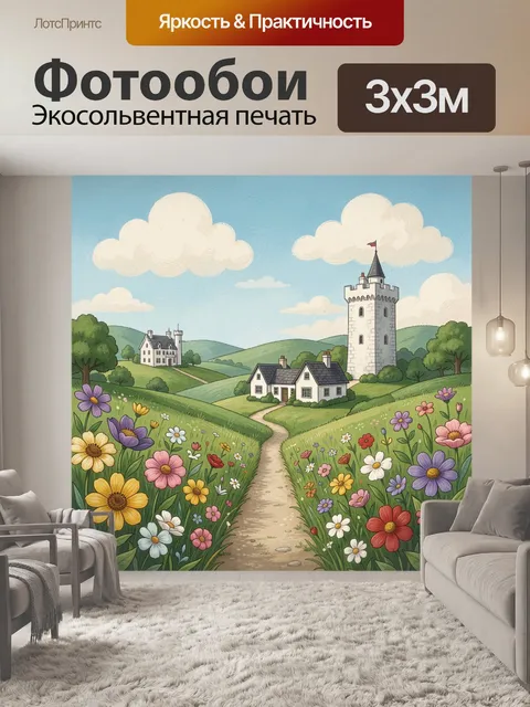 Фотообои Сказочная деревня среди цветущих лугов