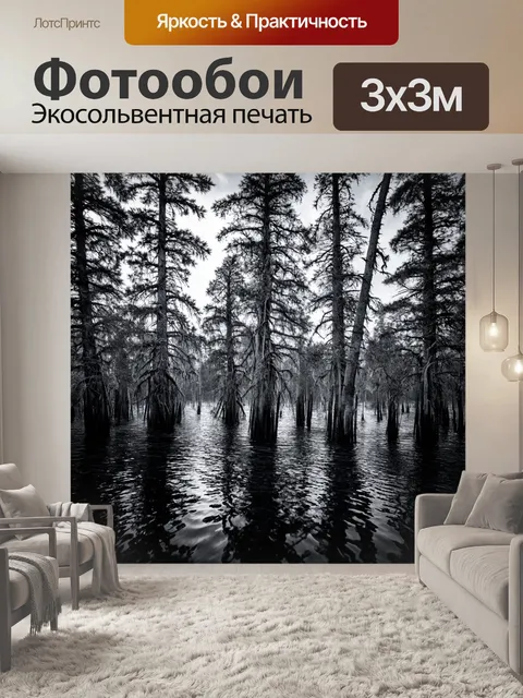 Фотообои пейзаж в стиле черно-белый, затопленный лес с деревьями, выходящими из воды