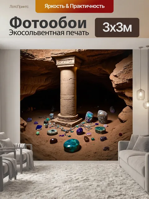 Фотообои колонна, окруженная древними артефактами и драгоценностями в загадочной пещере