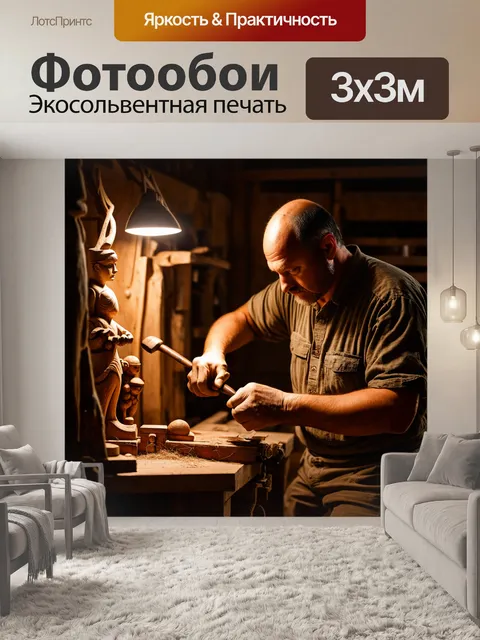 Фотообои изобразите резчика по дереву, работающего в своей мастерской с изящными изделиями вокруг
