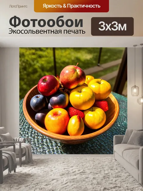 Фотообои чаша с фруктами, отразившими разнообразие летнего урожая, уложенная на столе с нежной текстурой, создавая…