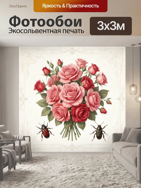 Фотообои Розовые розы и жуки на фоне