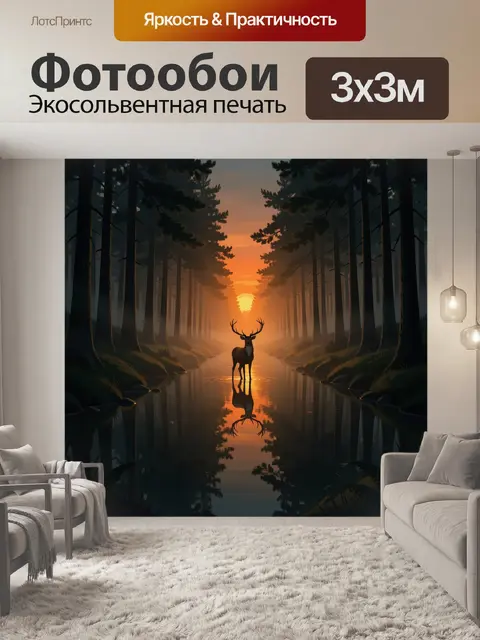 Фотообои Олень в лесном озере на закате