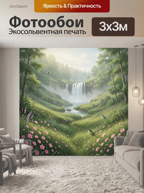 Фотообои Цветущий лес с водопадом и птицами